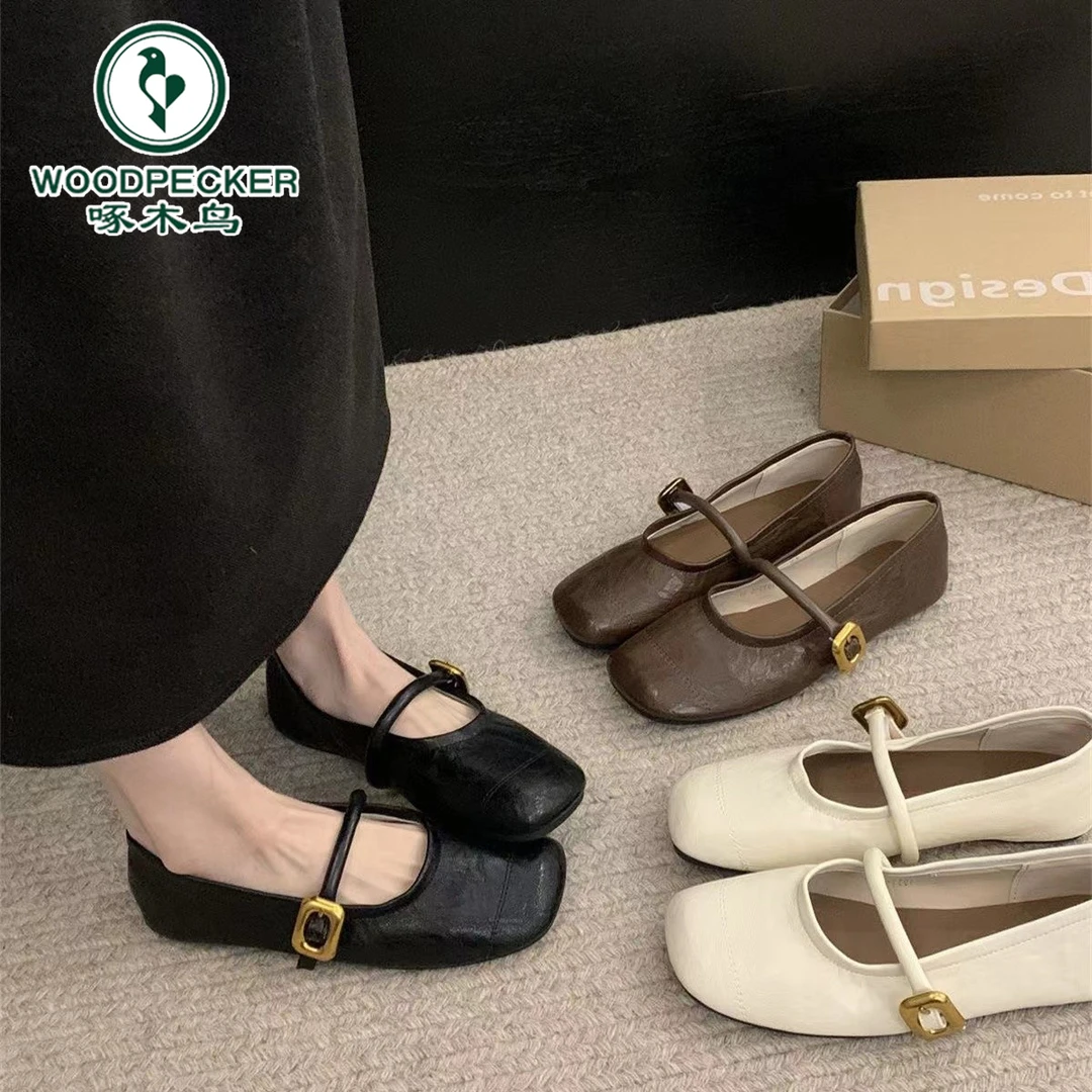 啄木鸟软底玛丽珍鞋圆头浅口2024年新款早秋通勤百搭一字带单鞋女