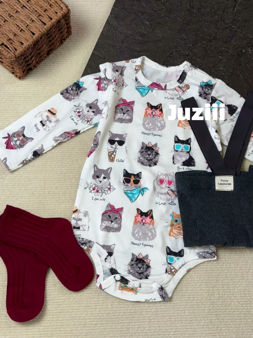 Juzi·摇滚猫咪·定制款肩开扣长袖包屁衣