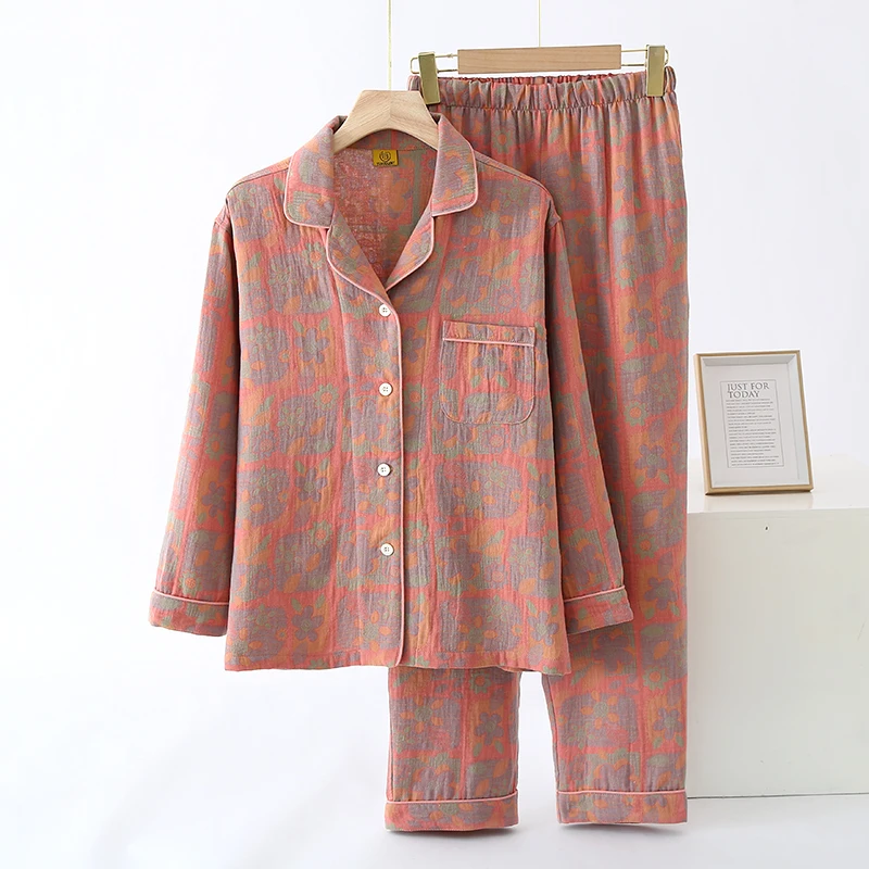 女士睡衣双层棉纱秋冬新款纯棉加肥大码宽松翻领长袖家居服睡衣