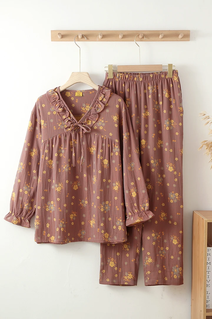 女士纯棉睡衣春夏款韩版套头双层棉纱大码宽松休闲长袖家居服睡衣