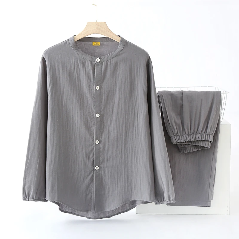 春夏季新款男士纯色高档纯棉双层棉纱休闲宽松长袖睡衣家居服套装