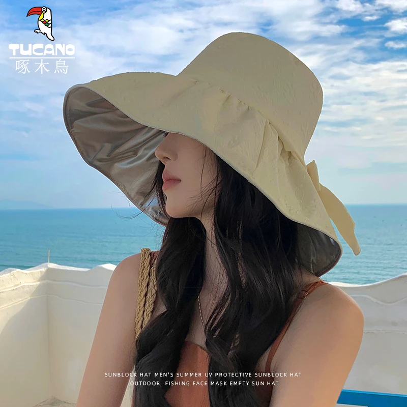 啄木鸟帽子女夏季防紫外线太阳帽韩版遮脸黑胶防晒帽大帽檐渔夫帽