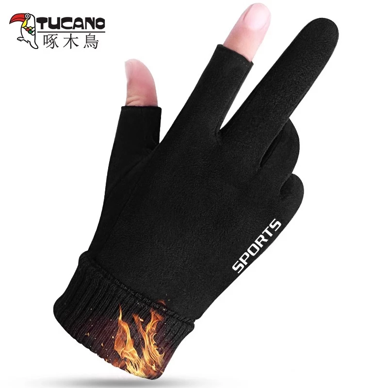 啄木鸟手套男2024冬季防风防寒保暖加绒可触屏露指女户外骑行手套