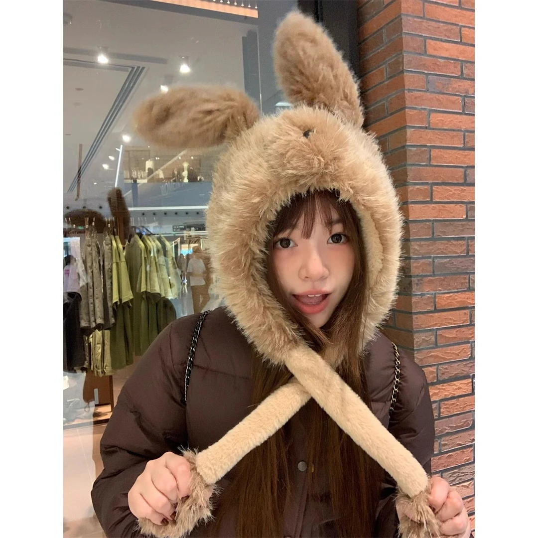 会动毛茸茸小狗狗耳朵帽子女冬季加厚保暖雷锋帽护耳围巾