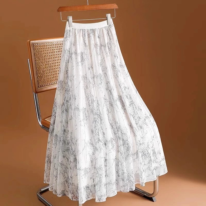 印花网纱半身裙女夏季薄款2024新款高腰显瘦a字中长款大摆百褶裙
