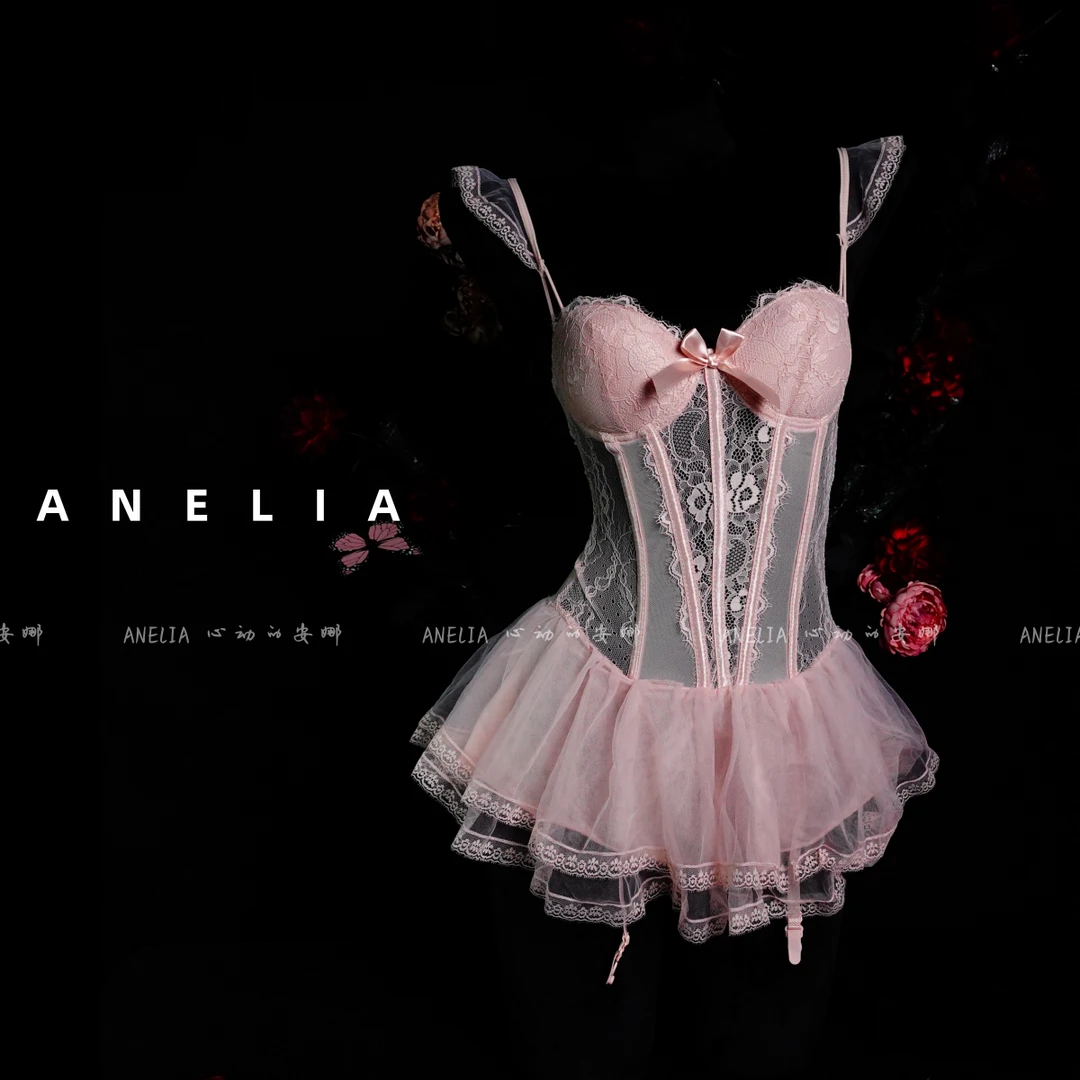 ANELIA法式蕾丝鱼骨胸衣纯欲短裙吊带带胸垫钢圈聚拢塑身性感内衣