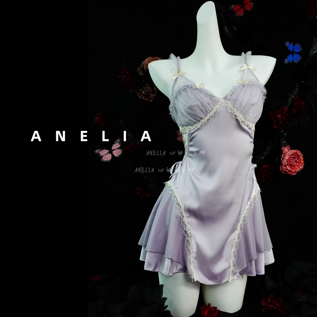ANELIA吊带冰丝法式睡裙新款蕾丝带胸垫显瘦纯欲性感睡衣家居服