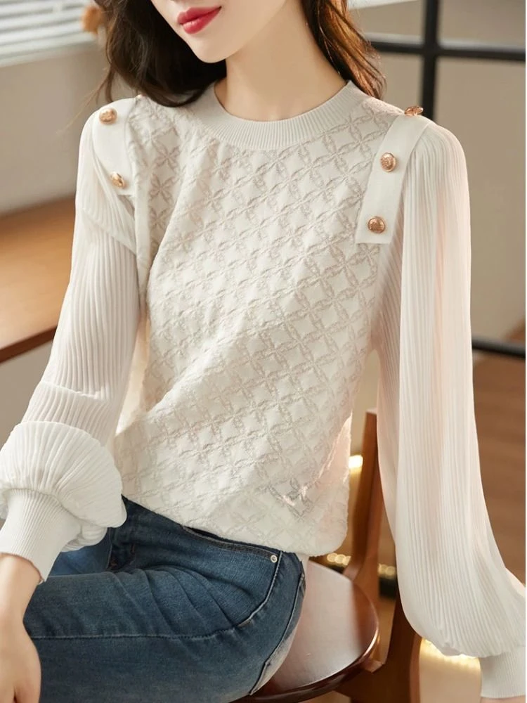 显瘦圆领灯笼袖针织衫气质洋气减龄拼接上衣女宽松毛衣秋装新款