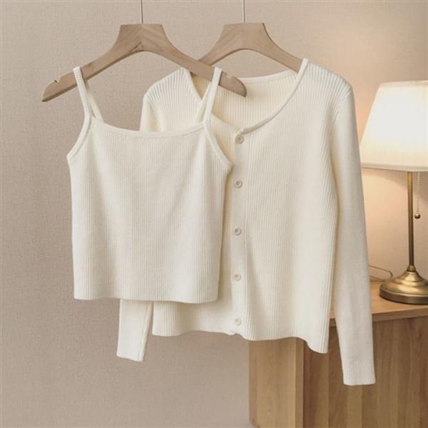 【两件套】吊带+v领针织开衫女修身小众百搭早春上衣套装长袖针织衫