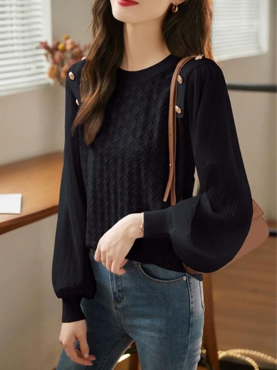 气质圆领雪纺灯笼袖长袖针织衫洋气减龄拼接春秋宽松毛衣早春新款