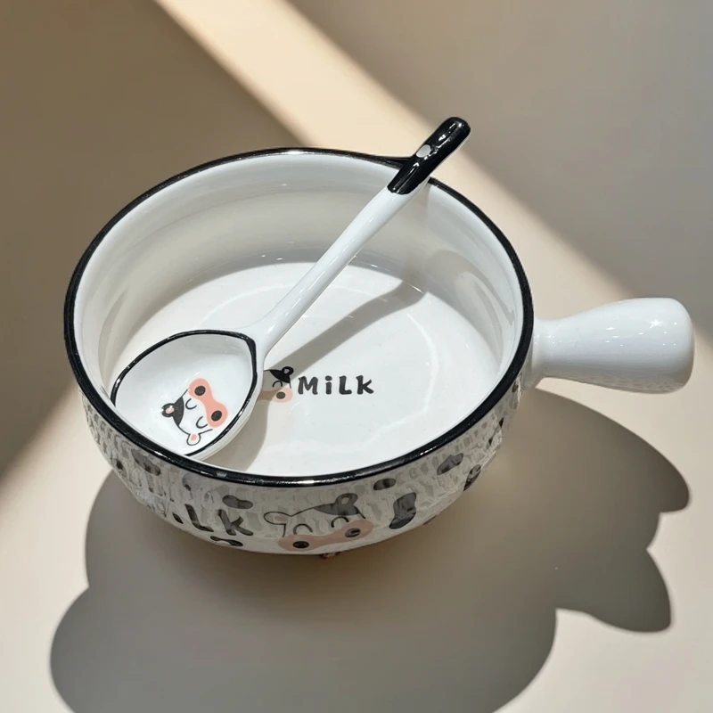陶瓷奶牛手把碗勺米长柄饭碗宿舍碗甜品勺家用餐具可爱勺子A082
