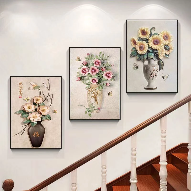 复式楼梯间装饰画走廊过道挂画楼道墙壁画沙发现代简约客厅三联画