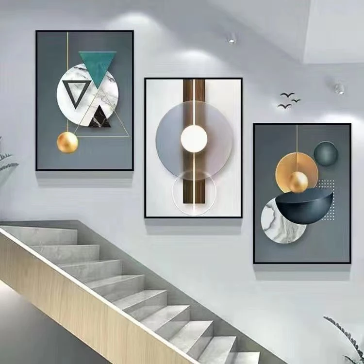 复式楼梯间装饰画走廊过道挂画楼道墙壁画沙发现代简约客厅三联画