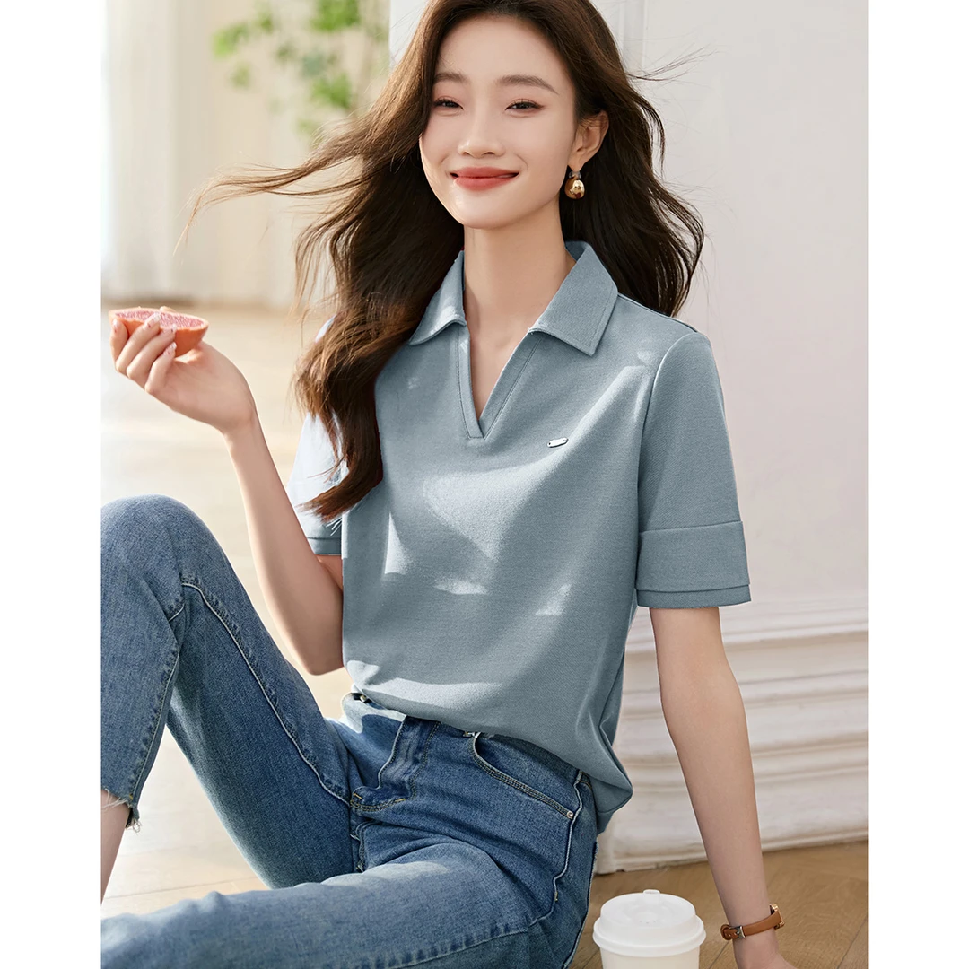 沫晗依美休闲气质POLO领短袖T恤女2025夏新款正肩短袖内搭上衣