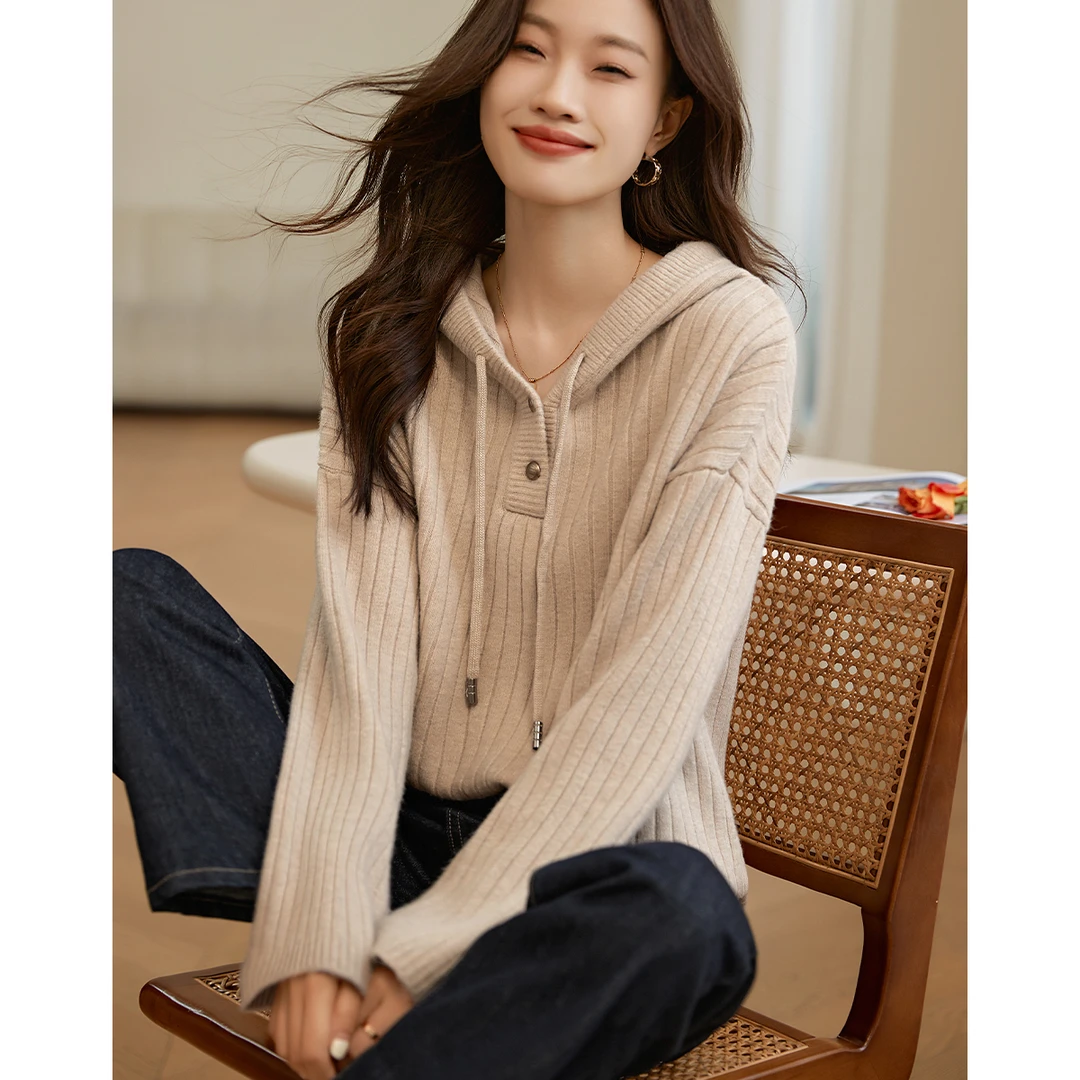 沫晗依美23冬季新款宽松茧型包容感短款毛衫加厚坑条肌理针织衫