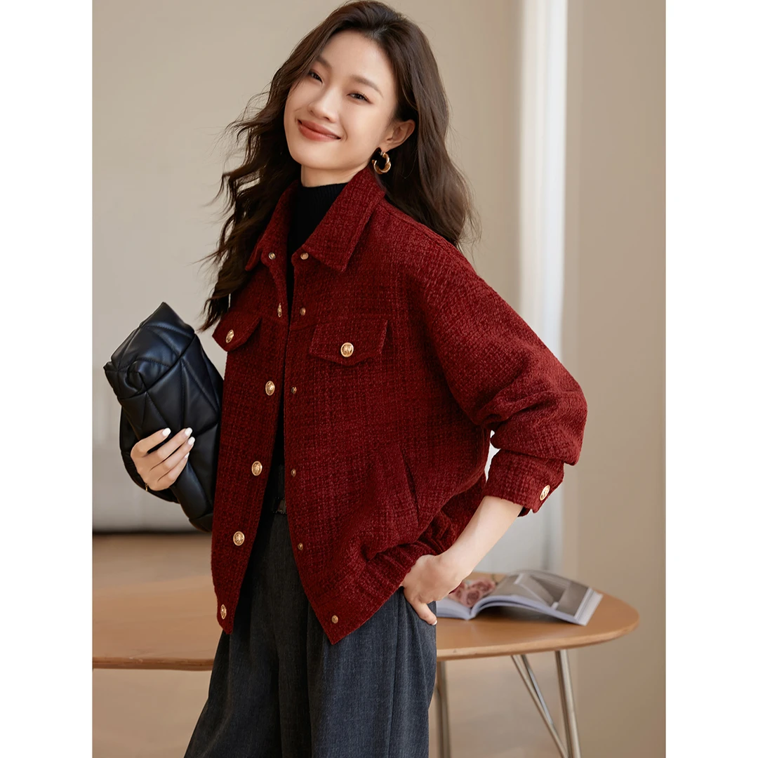 沫晗依美好运红小香风加厚外套2025冬季衬衫翻领复古时髦感外套女