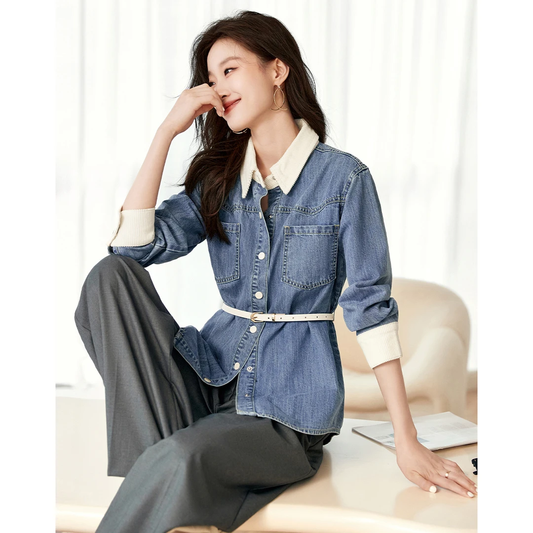 沫晗依美新款撞色拼接简约收腰显瘦流行休闲牛仔衬衫气质春季衬衣