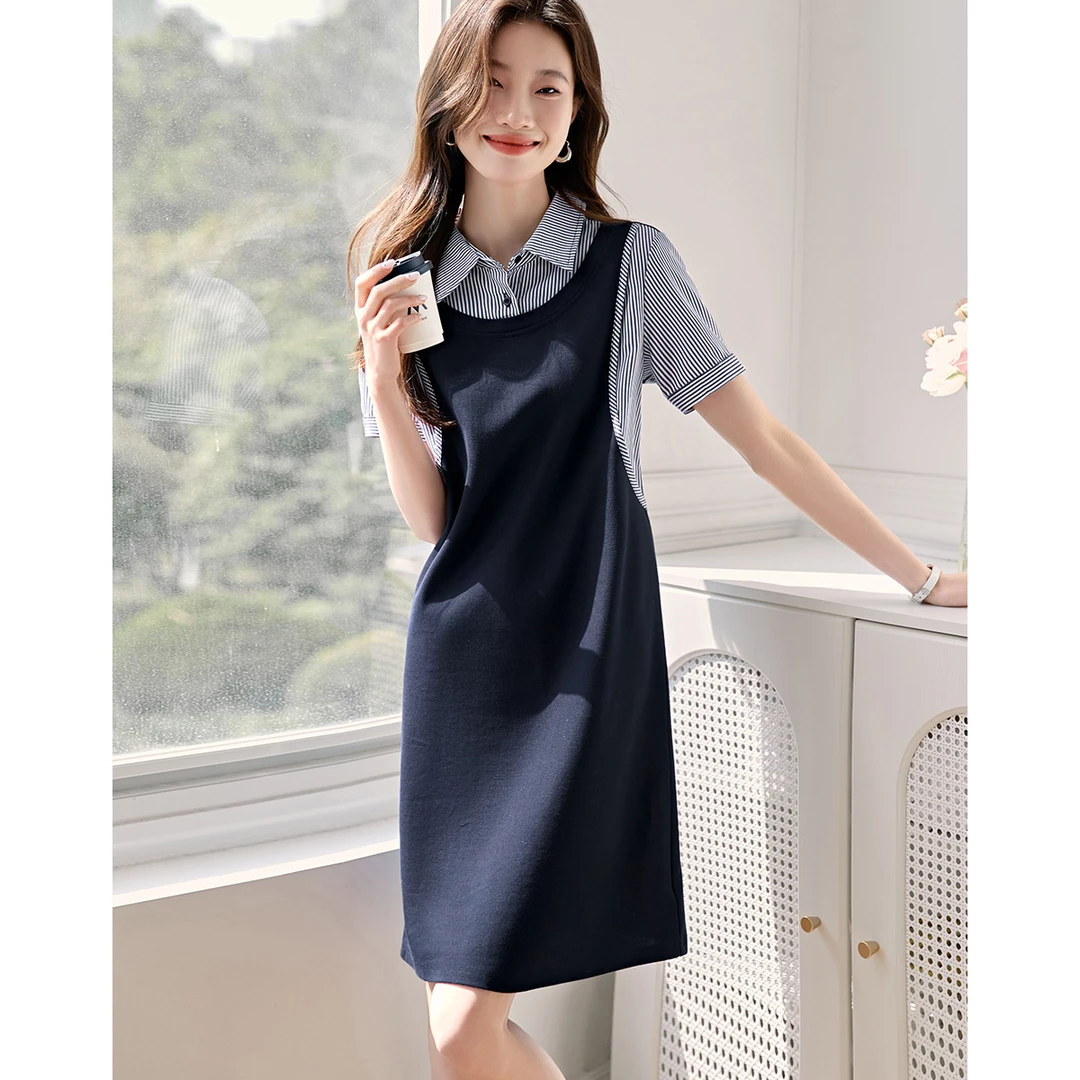 沫晗依美2025夏新款遮肉显瘦连衣裙休闲松弛感假两件衬衫领A字裙