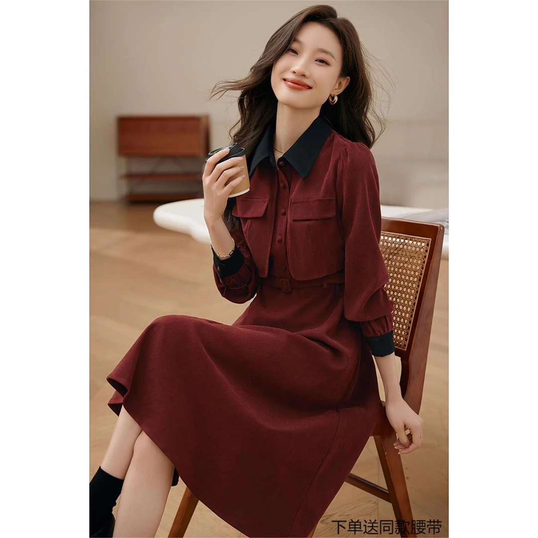 沫晗依美【红石榴】24秋冬款复古优雅气质赫本风气质收腰显瘦连衣裙