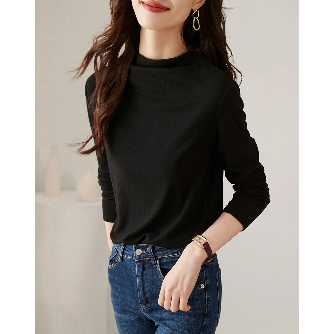 沫晗依美2025年春冬半高领女士纯色长袖简约显瘦打底衫