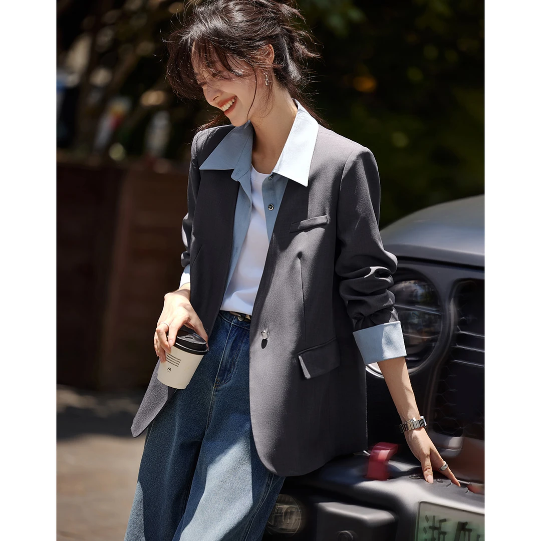 沫晗依美【千岛森会】25年秋学院减龄质感显瘦不挑人假两件撞色西服
