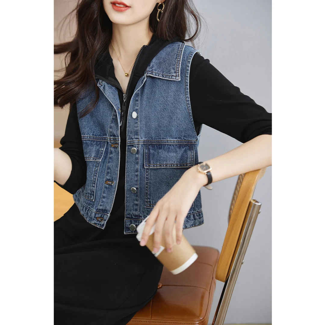 沫晗依美【惬意时光】2025春季牛仔裙套装马夹百搭裙子两件套装