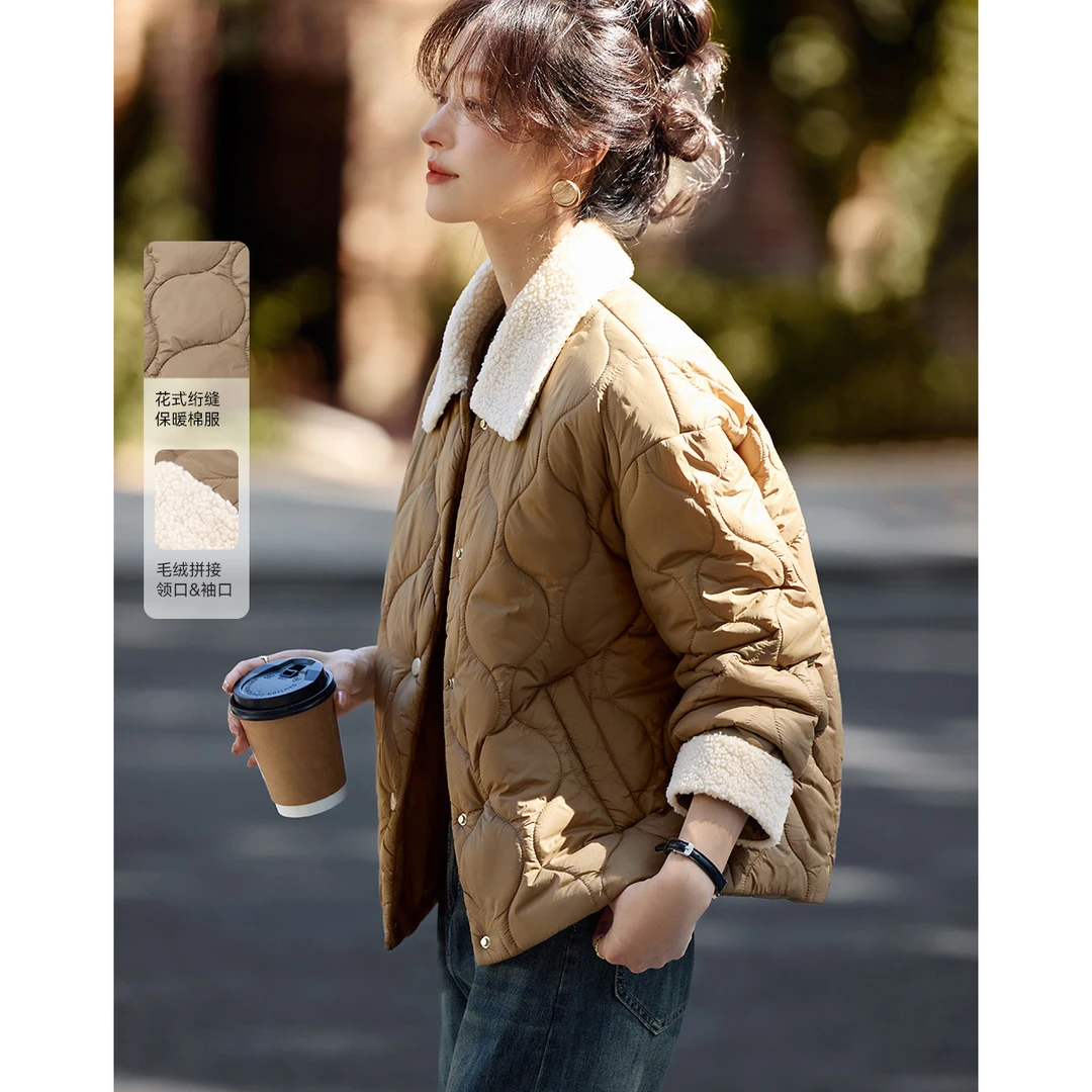 沫晗依美撞色领绗棉大口袋棉服2024冬季新款休闲夹棉加厚保暖棉衣