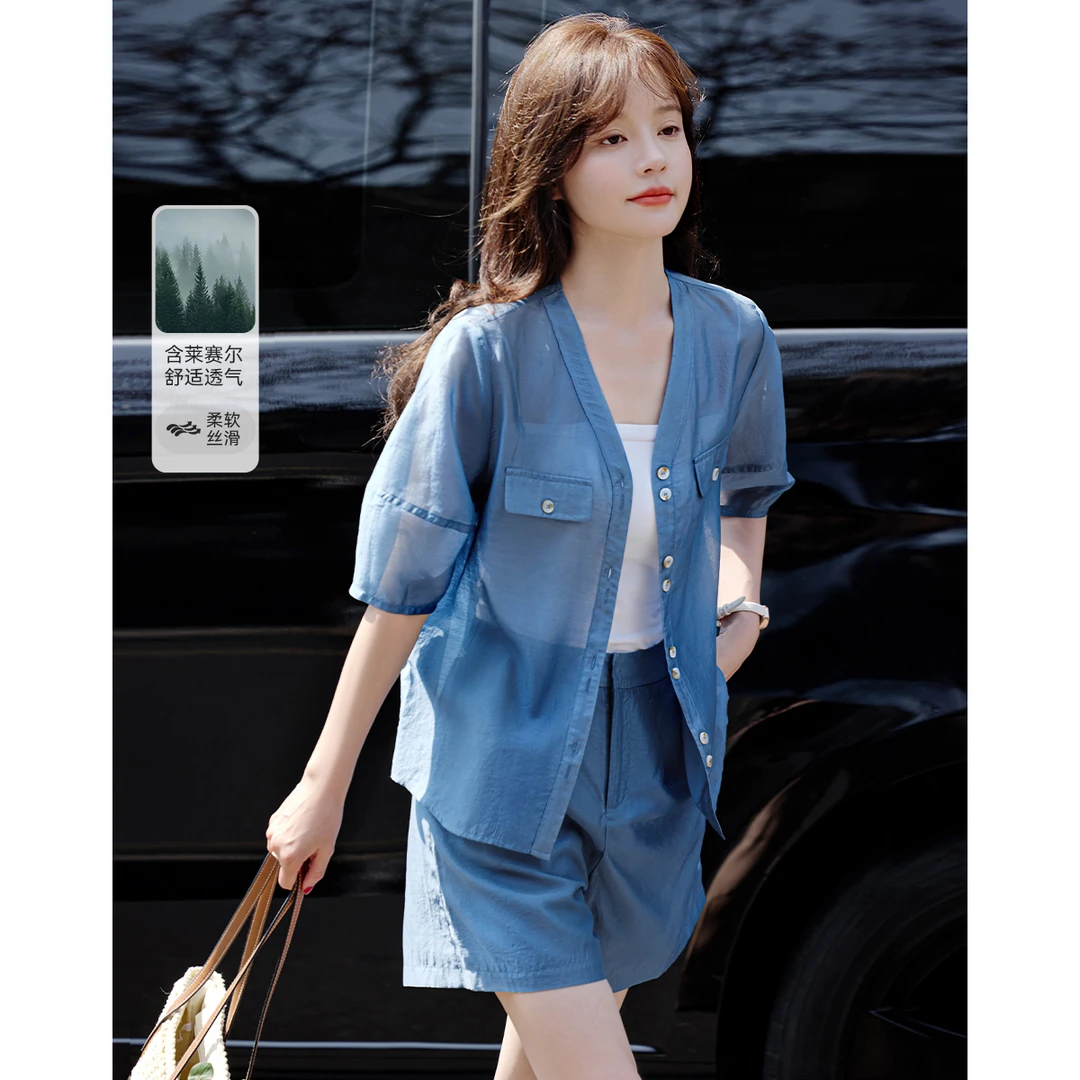 沫晗依美24夏新款设计感显瘦飘逸套装休闲V领薄款衬衫短裤两件套