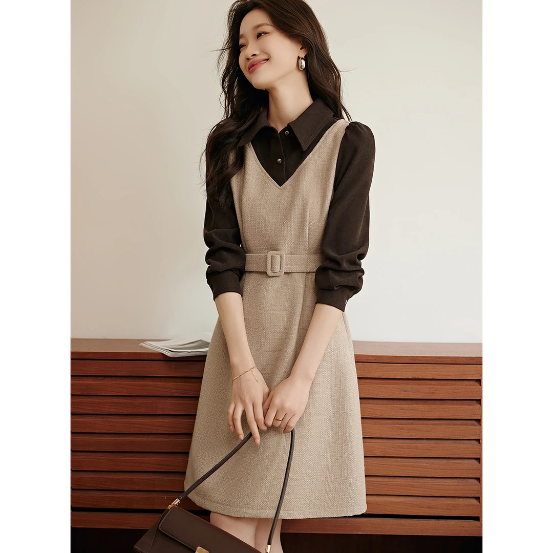 沫晗依美2024冬季复古气质收腰显瘦连衣裙撞色拼接气质衬衫连衣裙