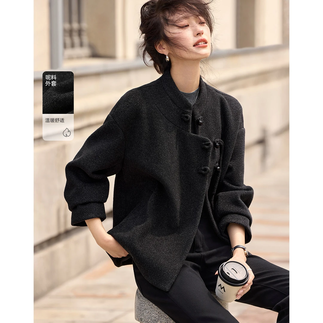 沫晗依美【直播】单面呢大衣2024冬新中式国风盘扣设计保暖外套女