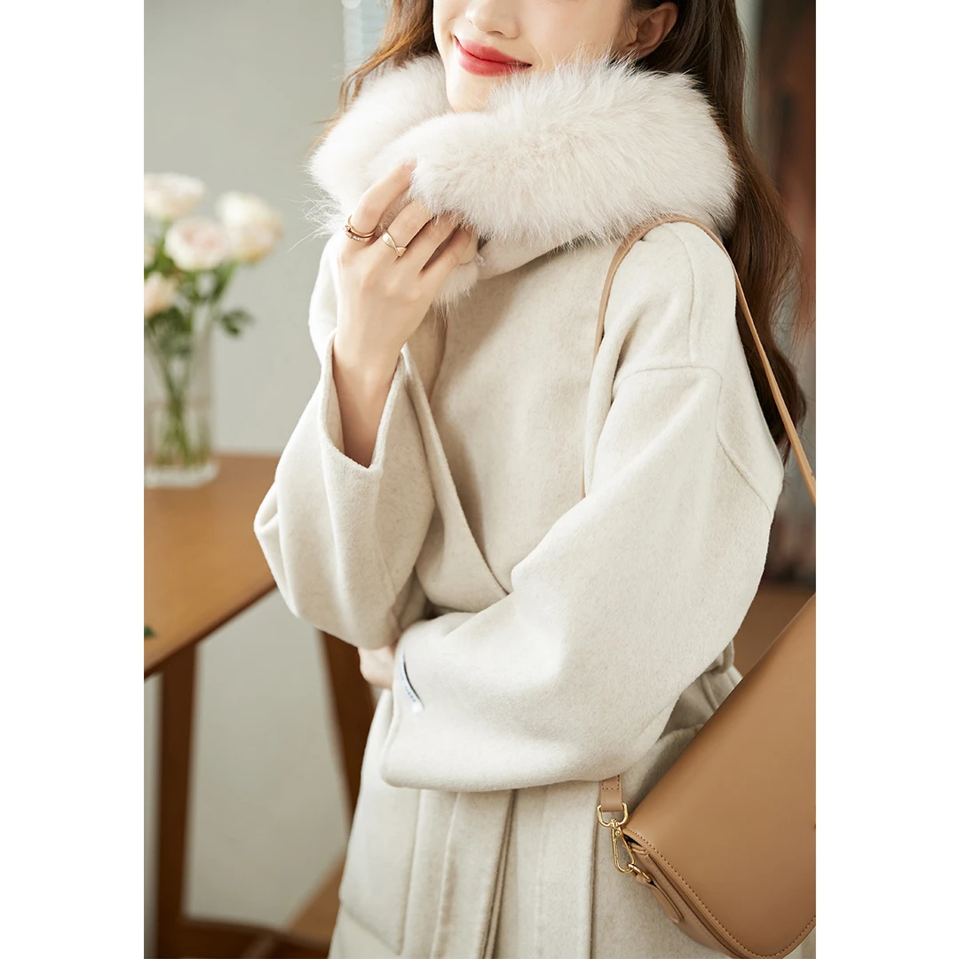 秋冬新款连帽毛呢大衣时尚保暖中长款小个子冬季双面热力感