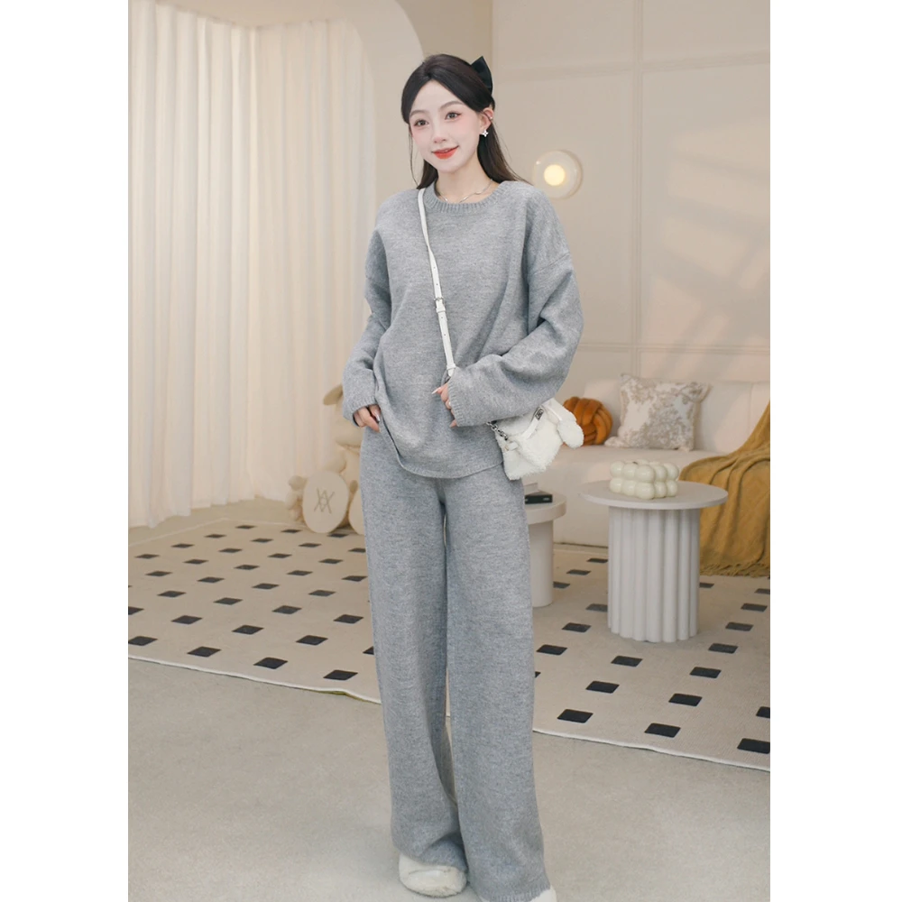 沫晗依美休闲阔腿裤宽松针织毛衣套装23秋女时尚舒适运动两件套