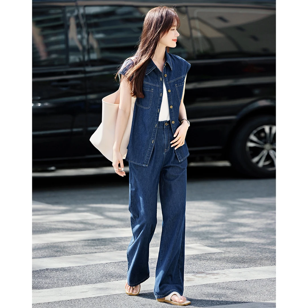 沫晗依美中性休闲简约牛仔套装2025夏季新款休闲百搭无袖牛仔套装