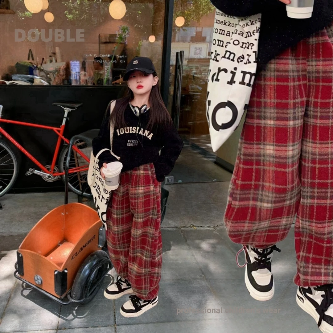 韩版女童加绒毛呢格子直筒裤洋气网红儿童红色阔腿裤中大童格子裤