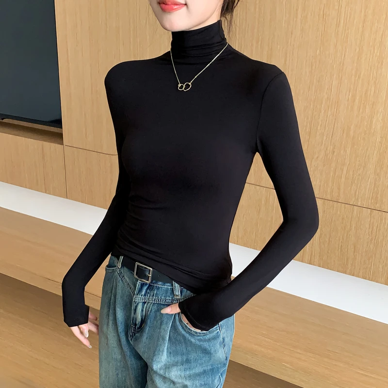 黑色高领长袖打底衫女新款内搭秋冬季薄款修身堆堆领t恤早秋秋季