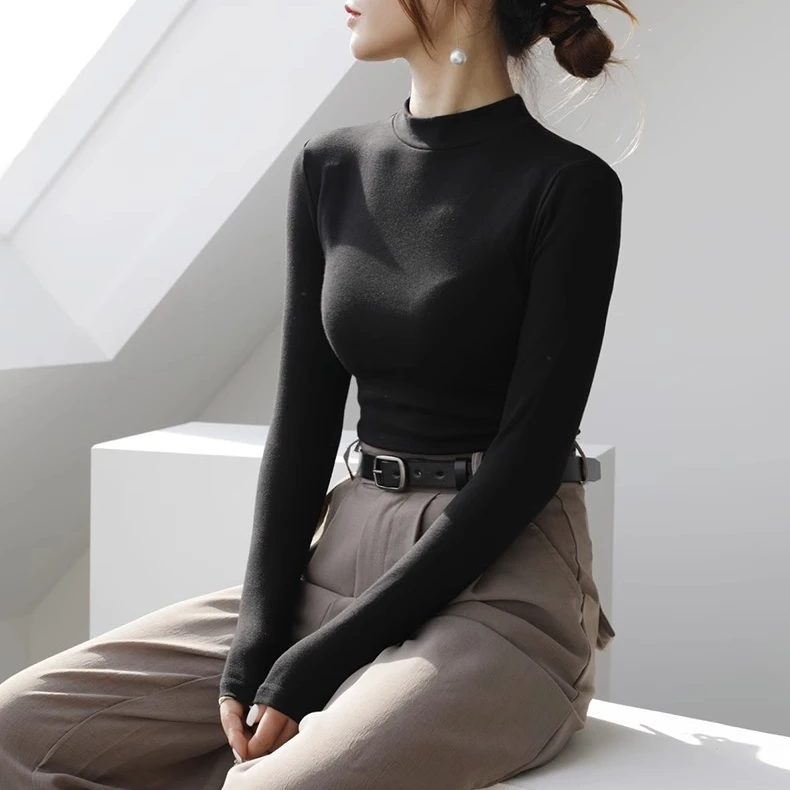 黑色立领长袖打底衫女t恤秋季百搭修身显瘦半高领内搭上衣秋冬