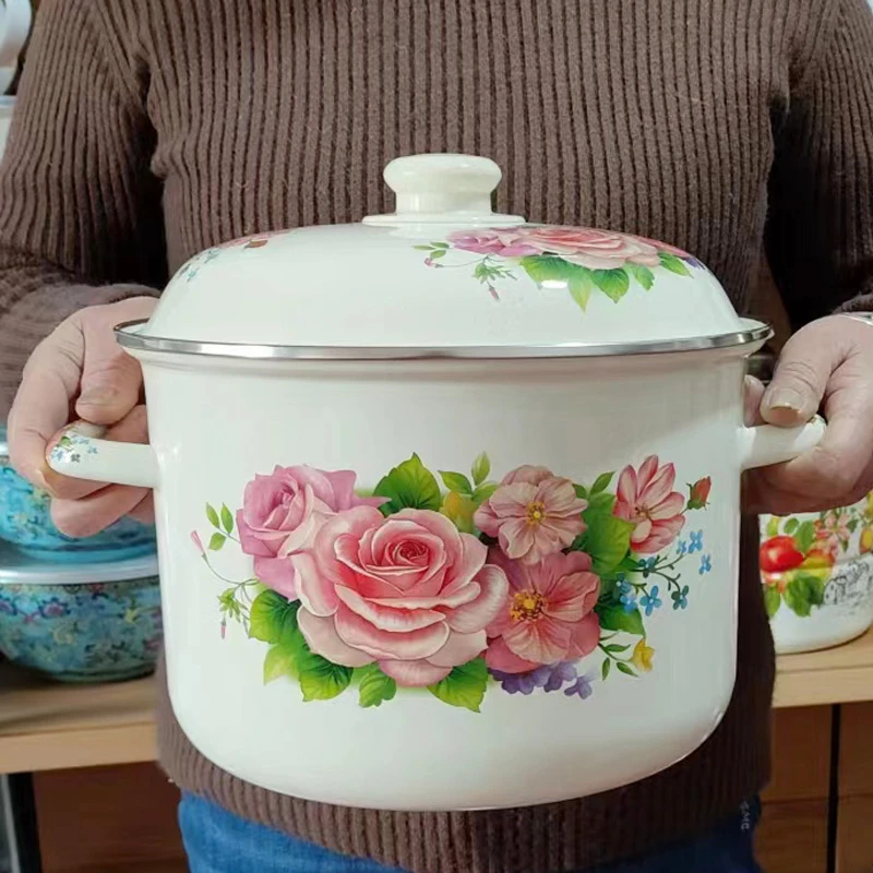 新品珐琅搪瓷双耳锅家用汤锅奶锅平底炖锅双耳煮中药锅电磁炉通用