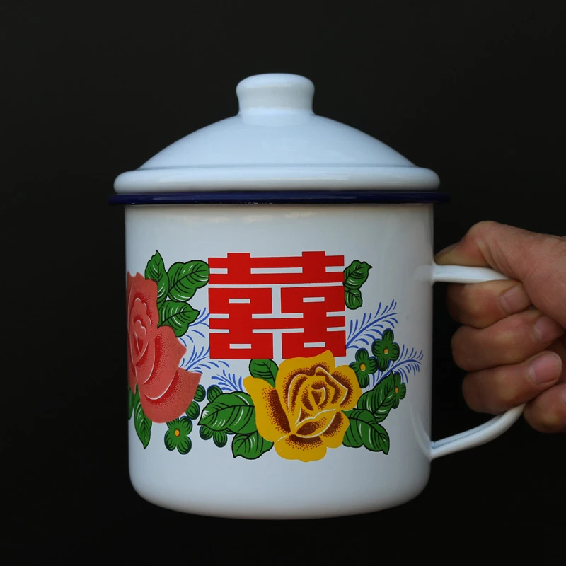 特厚7080怀旧经典老式喜字铁茶缸子带盖口杯复古大容量搪瓷茶杯子