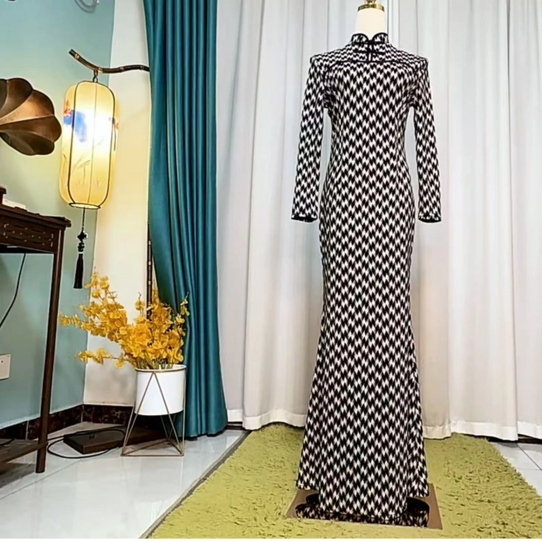 0199碧朗福复古修身长袖鱼尾裙改良旗袍连衣裙