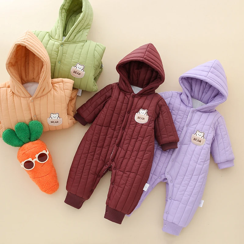 [棒棒糖]婴儿厚棉衣竖条纹连体衣宝宝加厚保暖冬季爬爬服哈衣