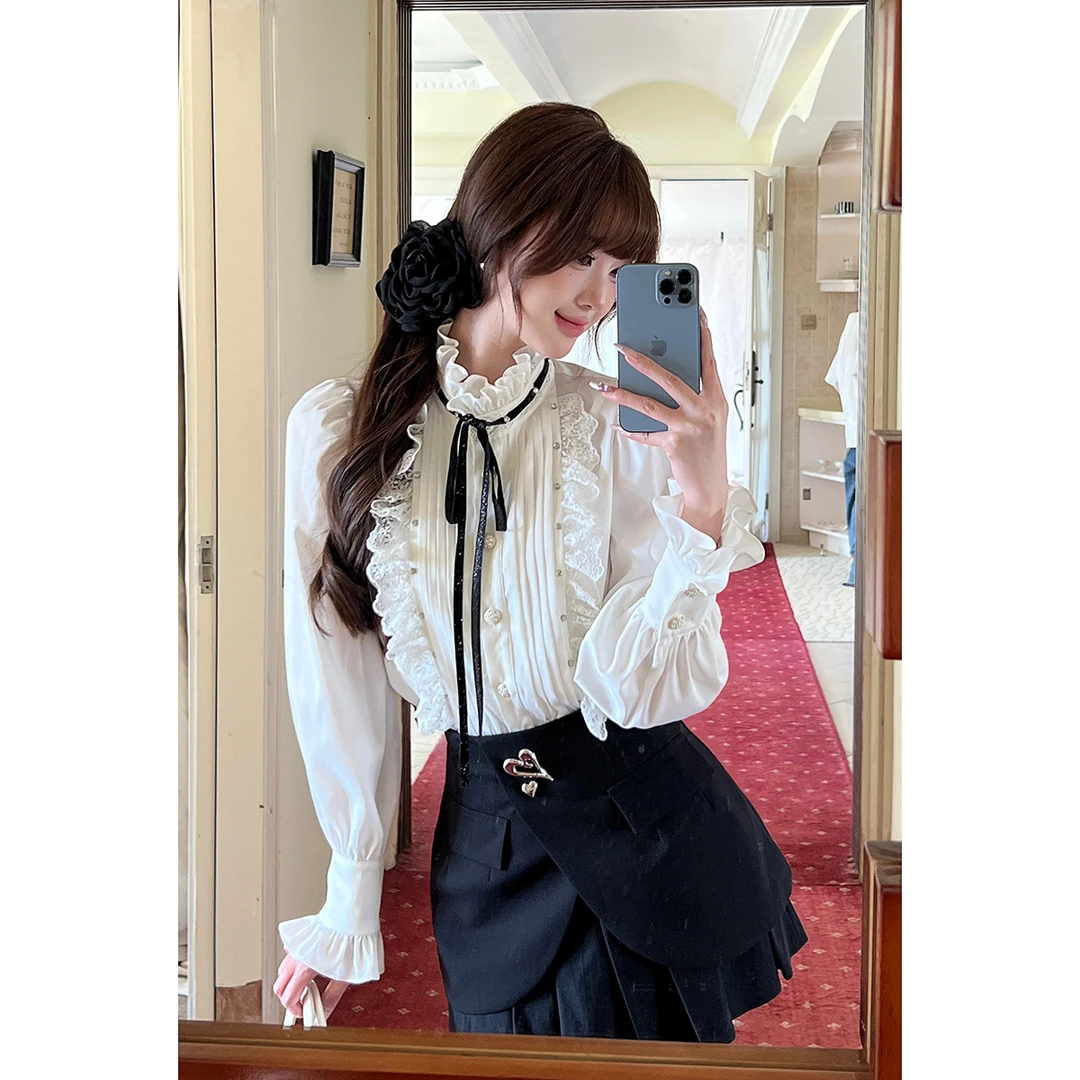 Peshe小表妹【甜心教主】2024秋冬拼接荷叶边甜美公主风衬衫D9958