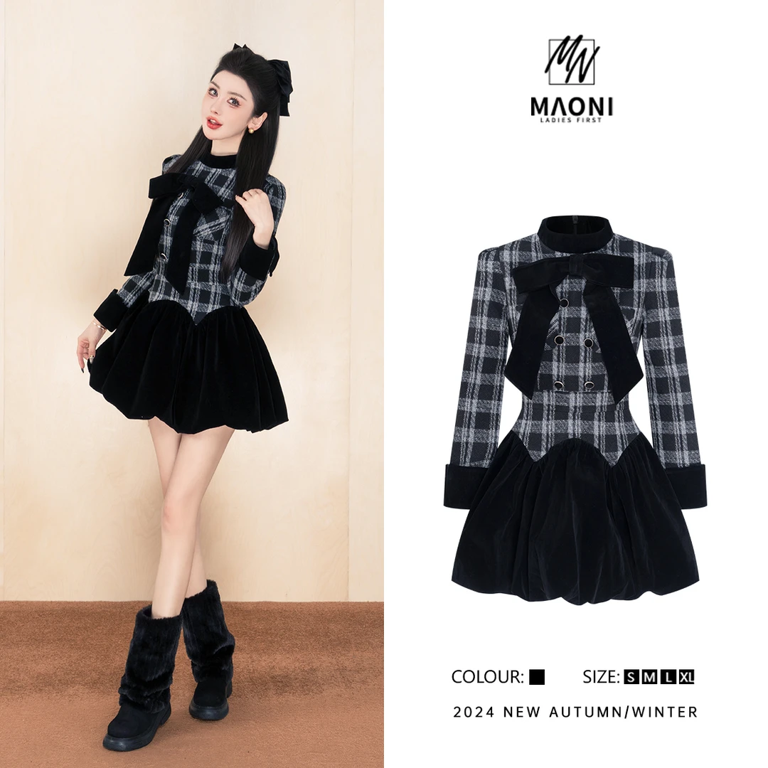 毛妮Peshe【古堡小香】2024冬格纹甜美公主丝绒连衣裙配别针L1143