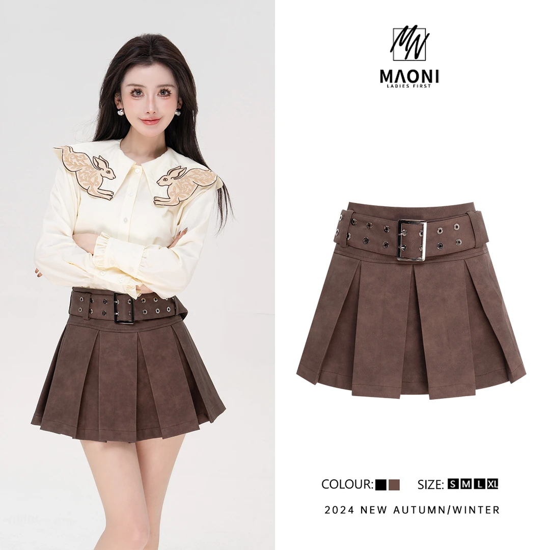 毛妮Peshe【长腿辣妹】2024秋款百褶哑光皮设计感短裤裙配腰带D9660