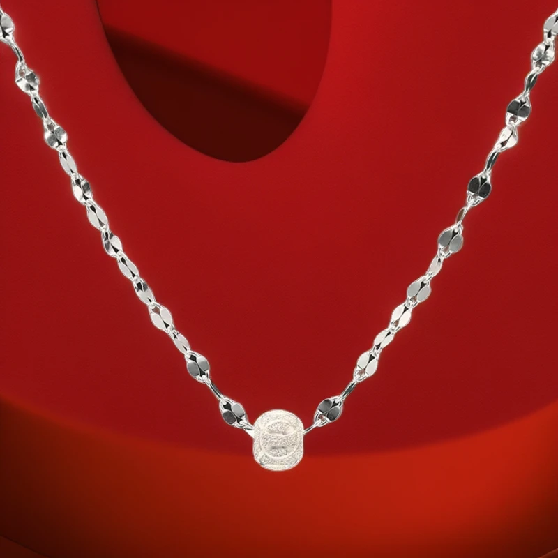 吊坠足银 足银9999纯银45cm嘴唇项链转运珠路路通链锁骨链简约