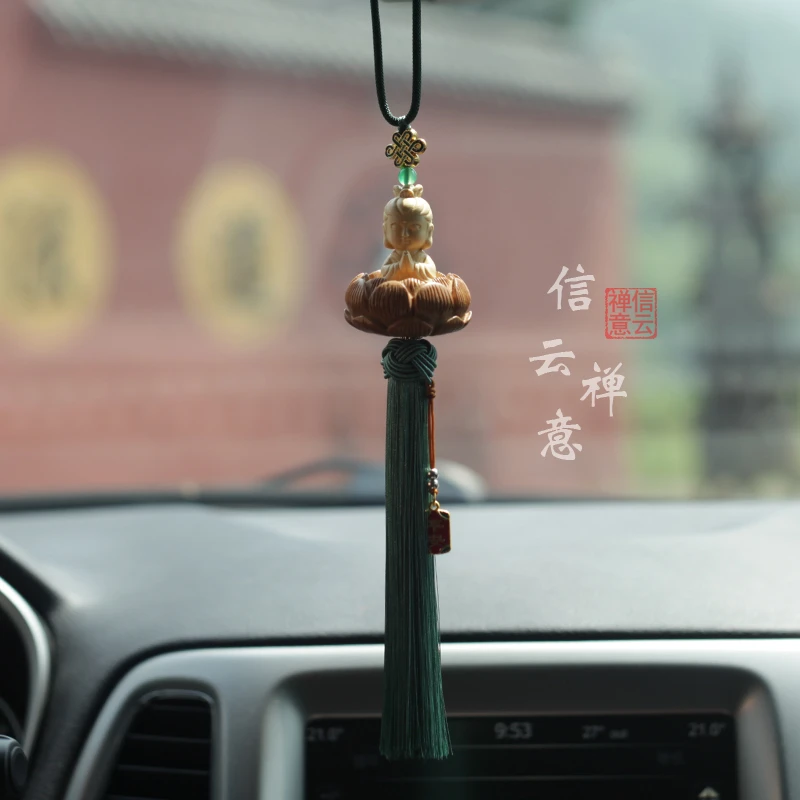 黄杨木佛佑汽车挂件车内吊饰桃木莲花车载后视镜吊坠红色车载好物