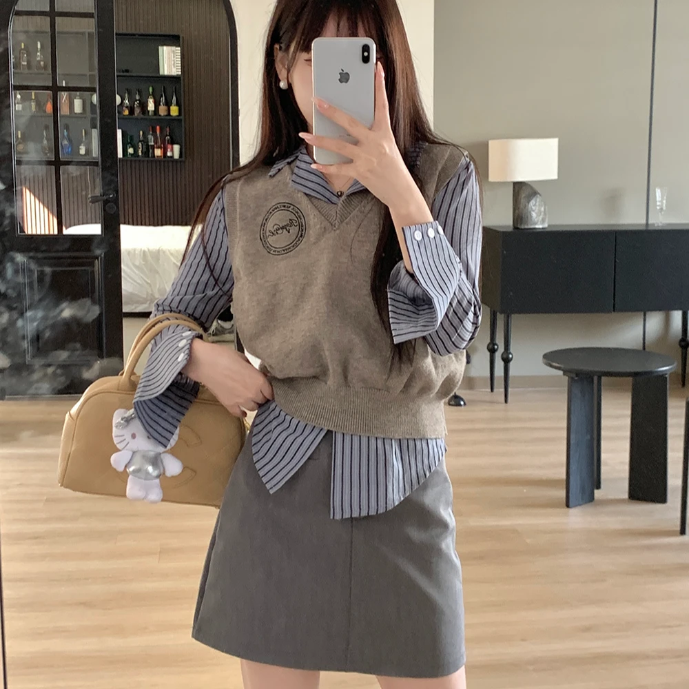 【小可爱专属】2024年毛衣背心长袖衬衣半身裙三件套装