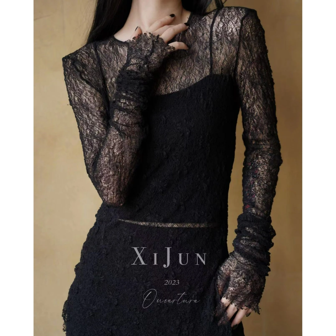 XiJunStudio“不可或缺”蕾丝钩花修身秋冬多穿上衣网红黑色长袖