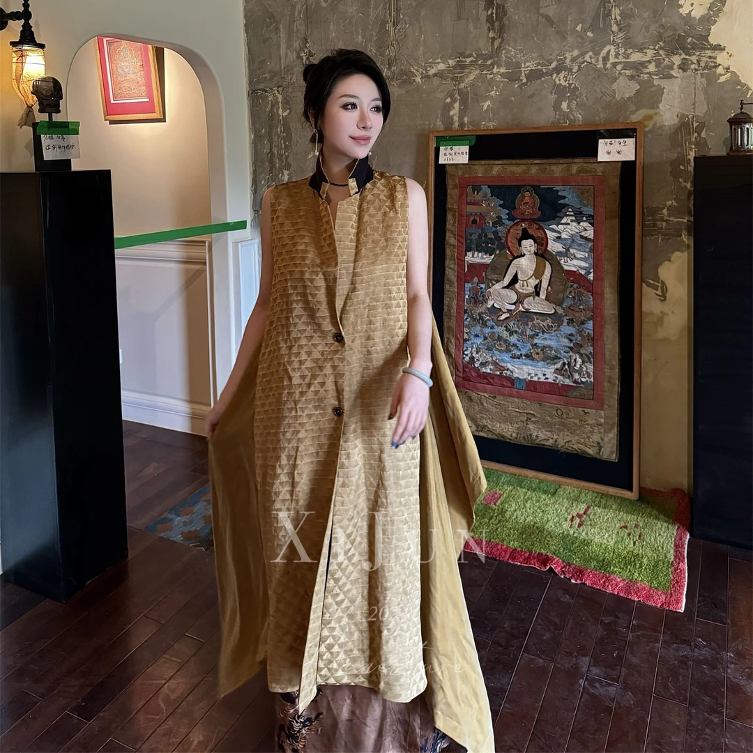 XiJunStudio“翩若惊鸿”【桑蚕丝亚麻】金色复古菱格长款小众马甲