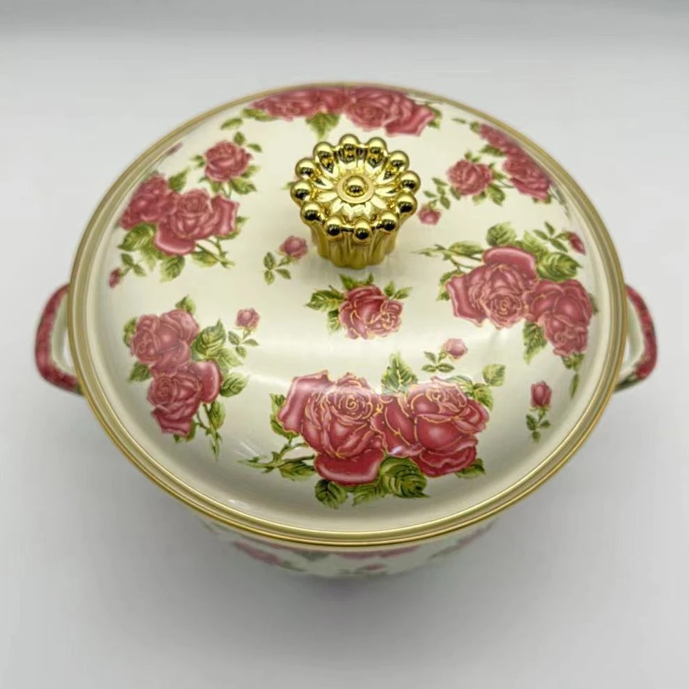 【252】24CM金玫瑰幸福汤锅炖煮蒸一体锅加厚珐琅搪瓷炖锅