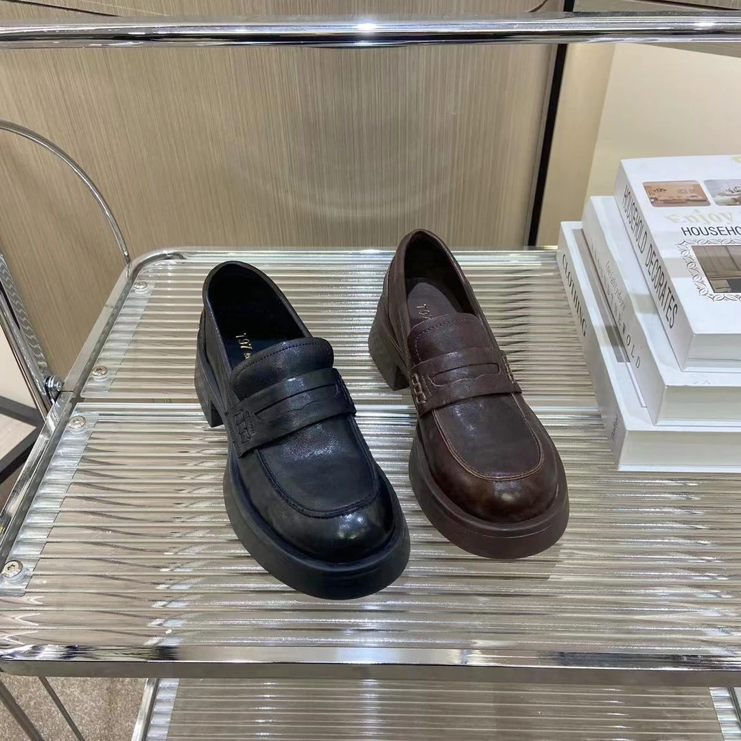 东东春季新款英伦风真皮乐福鞋厚底百搭时尚乐福松糕鞋女8025